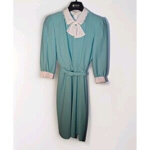 Vintage TJunior Elastic Waist Belted Prairie Dress Shoulderpad Blue Lace Collar